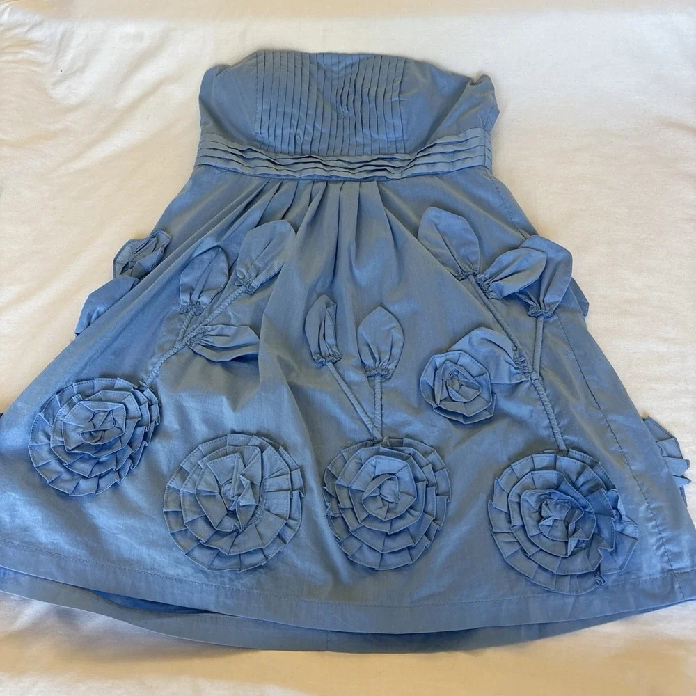Blue Floral Appliqué Mini Dress Sweetheart Strapless Ruffled Minuet Teen Size 28